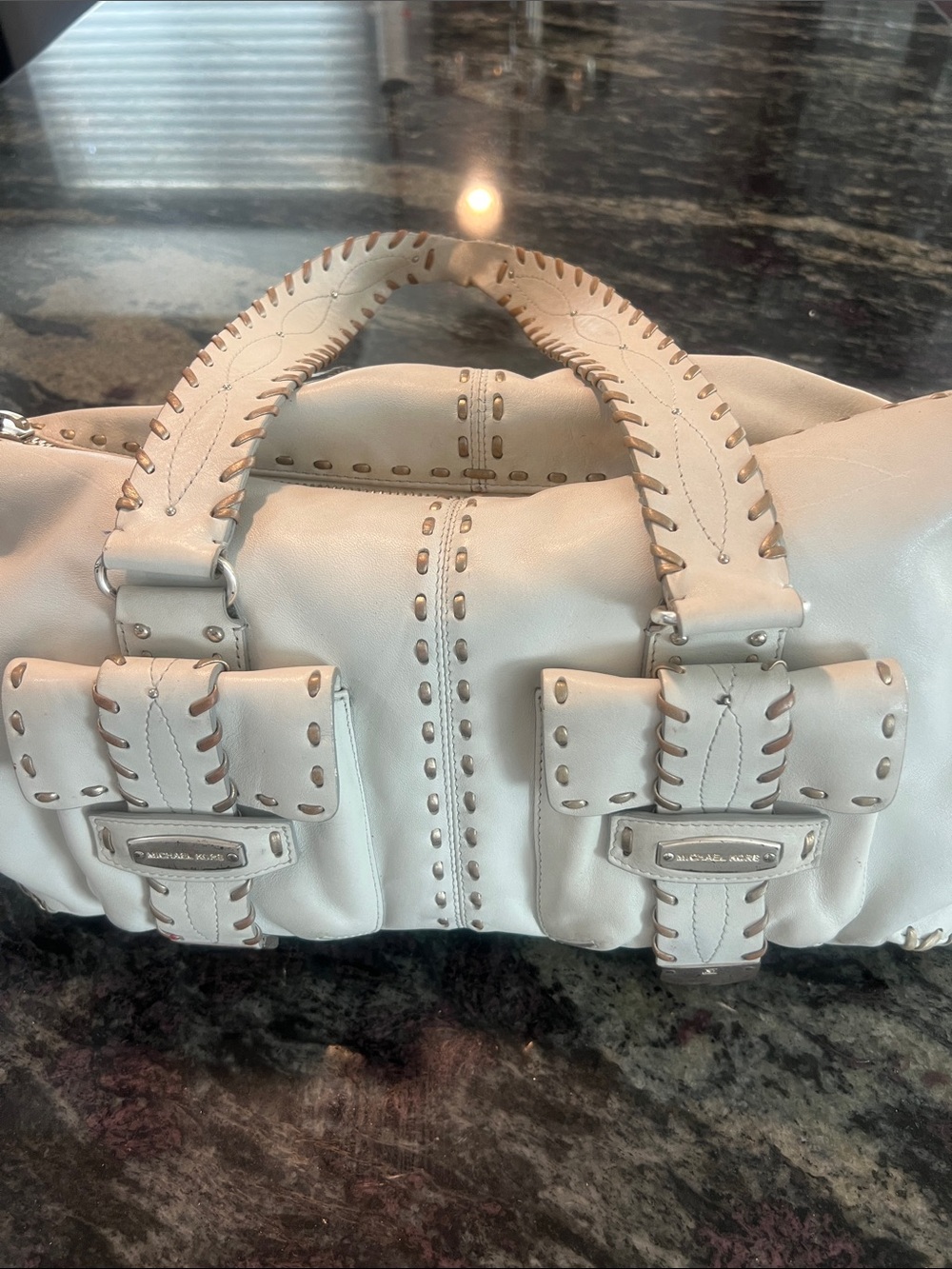 MICHAEL Michael Kors White Leather Shoulder Bag with Brown Whipstitch - Picture 7 of 7
